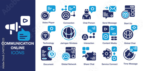 Communication Online icon set. Containing ,communication, online, web, computer and more. Solid vector icons collection. Vector illustration.