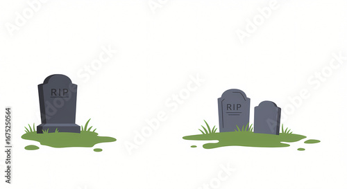 Two dark gray gravestones with RIP inscription standing on green grass. Isolated flat vector illustration for Halloween or cemetery themes