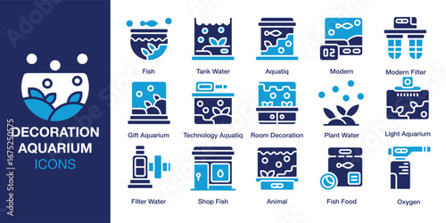 Decoration Aquarium icon set. Containing aquarium, decoration, fish, coral, and more. Solid vector icons collection. Vector illustration.