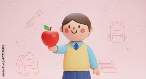 3D Happy Student Holding a Red Apple.