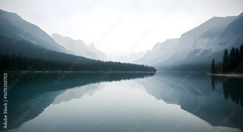 Fototapeta premium A serene landscape captured showcasing the tranquility of a mountain lake with its perfectly mirrored reflection and the surrounding majestic peaks enveloped in a misty atmosphere