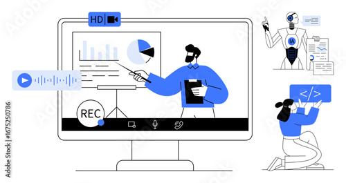 Businessman presenting charts on a screen, AI robot analyzing reports, developer writing code. Ideal for education, work collaboration, AI integration, programming, analysis, data sharing simple