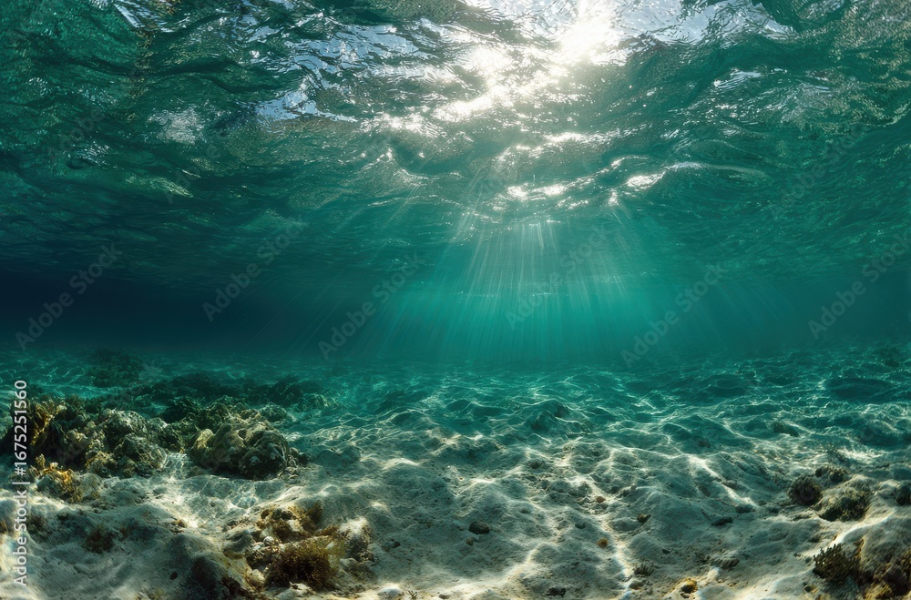 Fototapeta premium Underwater view of sunlight filtering through turquoise ocean water onto a sandy seabed with coral formations