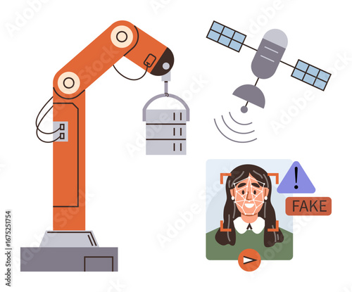 Robotic arm lifting objects, satellite transmitting data, AI facial recognition detecting deepfake. Ideal for AI, robotics, data transmission, innovation, surveillance, science technology concepts