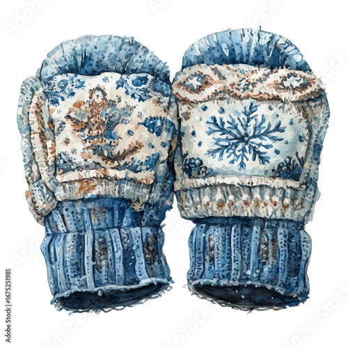 Snowflakes On Mitten Fabric, watercolor painting vector, isolated on a white background.
