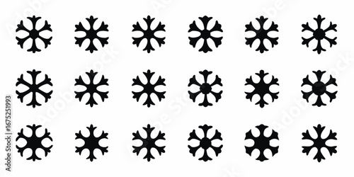 Collection of sixteen identical black snowflake icons arranged in three rows on a white background