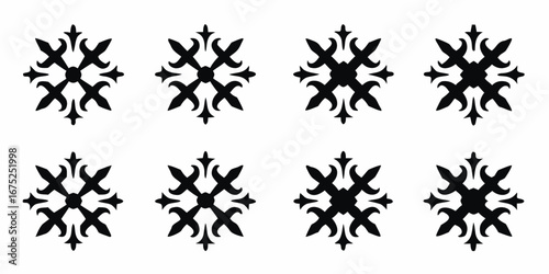 Eight identical black ornamental decorative elements arranged in two rows on a white background