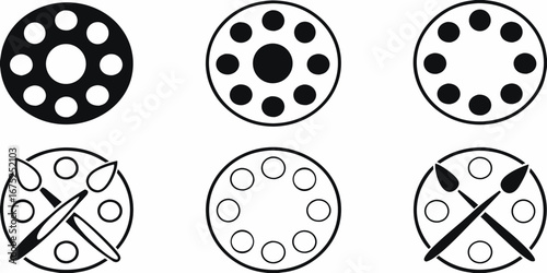 Collection of six circular icons representing sewing bobbins and artist paint palettes with brushes
