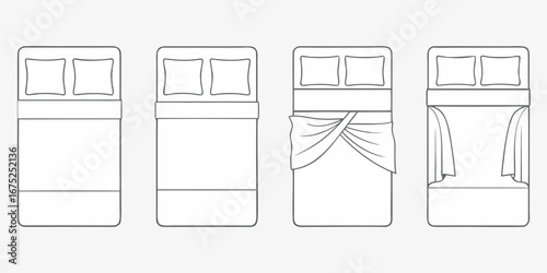 Top view line art illustration of four beds with different bedding styles and arrangements