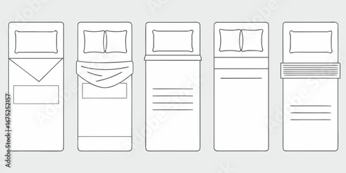 Top view line art illustration of five different bed styles and linen arrangements