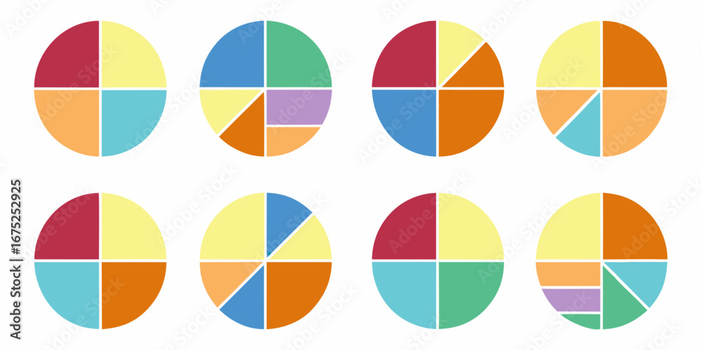 Fototapeta premium Collection of eight colorful pie charts with different segmentations and color schemes on a white background