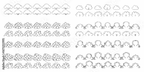 Collection of hand drawn sketchy cloud and bush illustrations in various styles and sizes