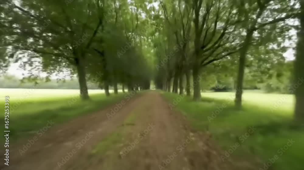 A verdant pathway lined with trees extends into a tranquil countryside. A verdant pathway lined with trees extends into a tranquil countryside.