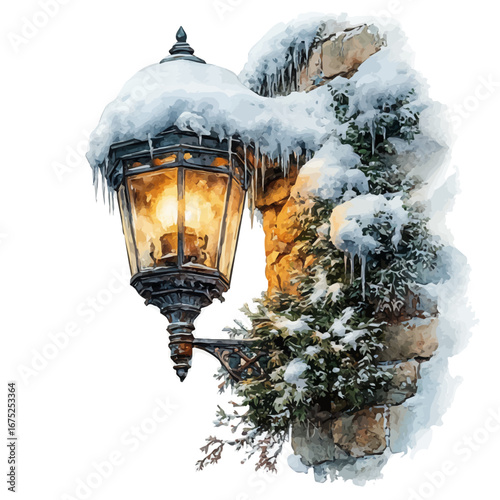 Snow-covered Street Lamp, watercolor painting vector, isolated on a white background.