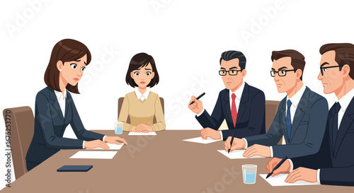 Professional Business Meeting with Concerned Female Employees and Serious Male Executives Evaluating Performance
