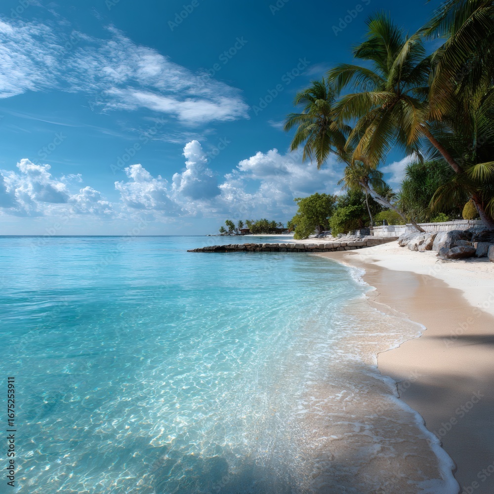 Naklejka premium tropical beach, paradise landscape, crystal water, ocean waves, nature photography, exotic island, 16:9 photo, summer vacation, travel inspiration, tourism concept, relaxing beach, blue ocean,