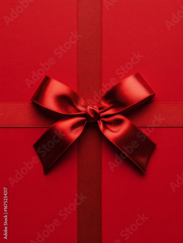 Vibrant red ribbon with bow is elegantly tied on red background, creating festive and romantic atmosphere. Perfect for Valentine Day or special occasions