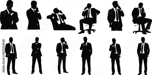 Businessman silhouette thinking, standing and sitting poses, professional man in suit, confident corporate posture, office work communication, executive leadership concept.