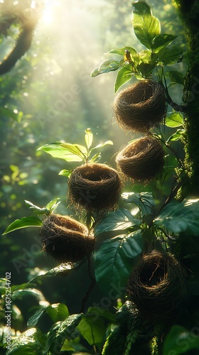 Stunning photo of bird nests nestled in lush green foliage with dappled sunlight filtering through