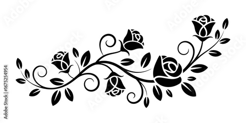 Black Rosebud Branch Silhouette with Leaves – Vintage Floral Vector Isolated on White Background – Elegant Decorative Botanical Element for Retro Design, Tattoos, or Invitations