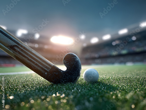 Closeup of field hockey stick and ball on grass