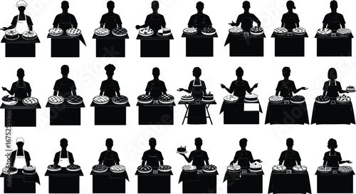 Baker silhouette set with cakes and pies, pastry chef, bakery table, dessert display, baking scene, sweet food icons.
