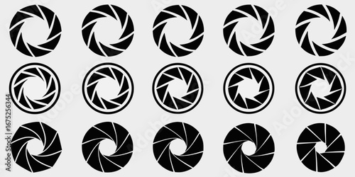 Collection of black camera aperture icons in circular patterns on a light gray background