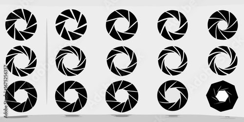 Collection of black camera aperture icons with different blade configurations and openings