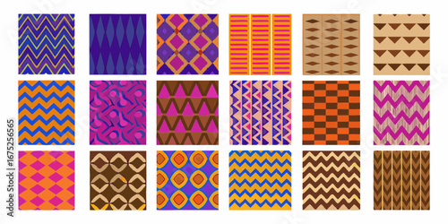 Collection of 18 vibrant geometric and abstract patterns in bold colors