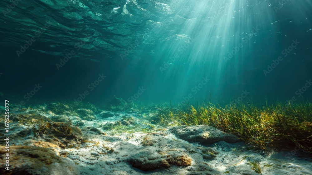 Fototapeta premium Sunlight beams piercing the turquoise ocean water illuminating a vibrant coral reef teeming with marine life and seagrass