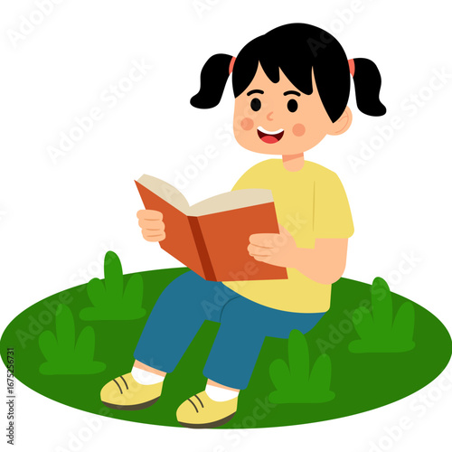Girl Kid Reading Book Outdoors