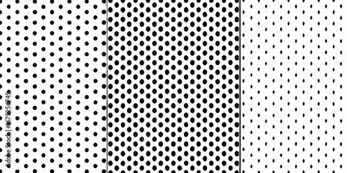 Three distinct black and white geometric patterns featuring polka dots and diamond shapes in a grid layout