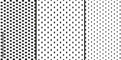 Three distinct black and white geometric patterns with dots and oval shapes on a white background