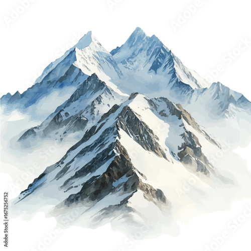Snow-covered Mountain Peaks, watercolor clipart vector, isolated on a white background.