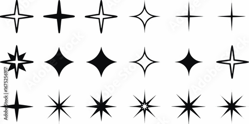 Collection of diverse star shapes and sparkle icons in black and white