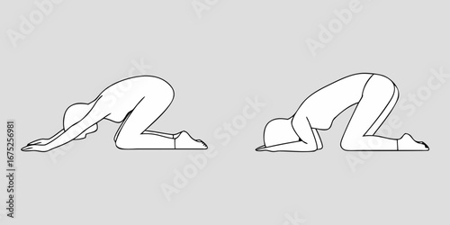 Two simple line drawings of a person performing yoga poses on a light gray background
