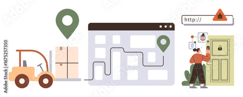 Forklift carrying boxes, map with delivery route, person verifying access with warning message. Ideal for logistics, online security, delivery system, user authentication, data safety, e-commerce