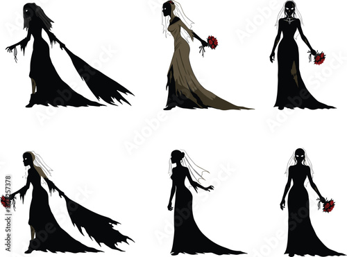 Haunted ghost bride illustration, gothic horror woman in wedding dress, spooky undead female character art for Halloween or dark fantasy