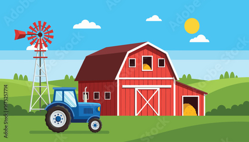 Farm scene featuring a red barn, windmill, and blue tractor in a rural landscape.
