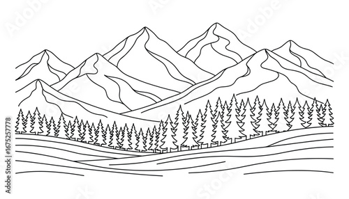 Line art mountain landscape illustration with forest and hills, tranquil scenic view