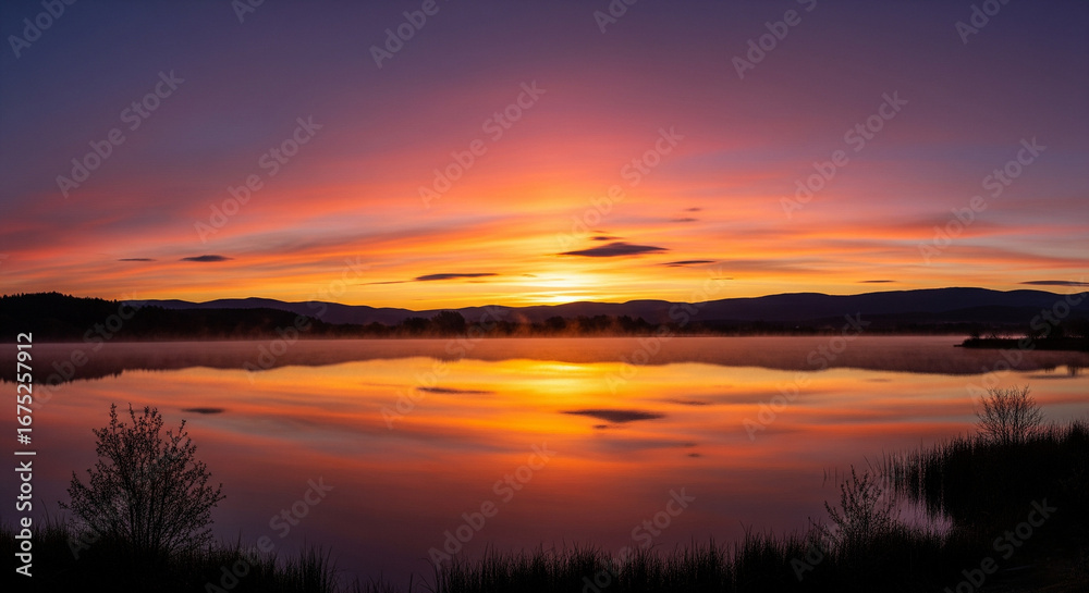 Obraz premium Golden sunrise over misty lake with serene mountain reflection and pine trees