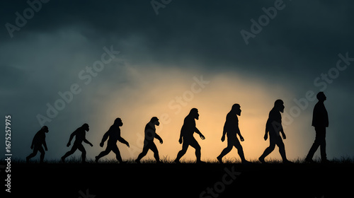 Evolution of Man from Ape to Human Depicted with Silhouettes at Sunset 
