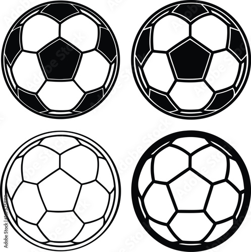 Four distinct soccer balls in various line art styles for sports and game design