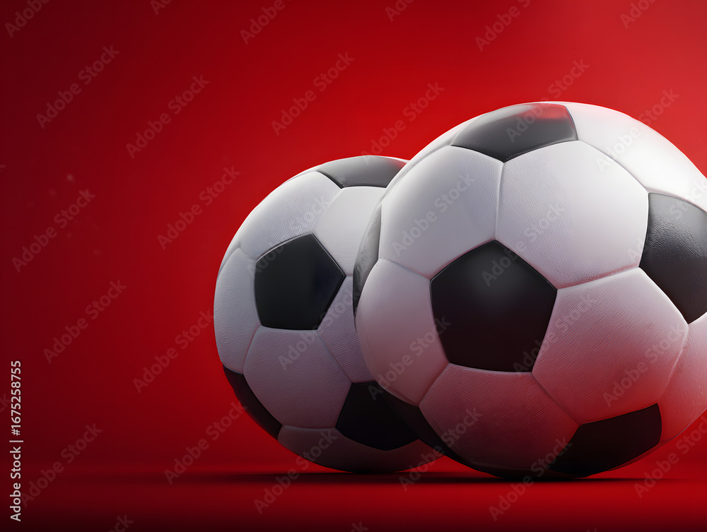 Fototapeta premium Two soccer balls on a red background