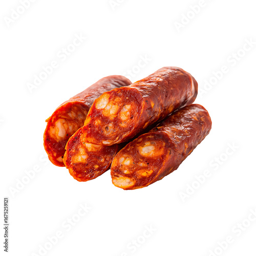 slices of Spanish chorizo sausage isolated on a transparent background, in a PNG format