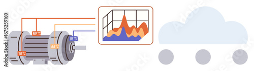 Motor with wiring connected to analytics chart and cloud. Ideal for IoT, industry 4.0, cloud integration, smart monitoring, data processing, technology advancement. Simple flat metaphor