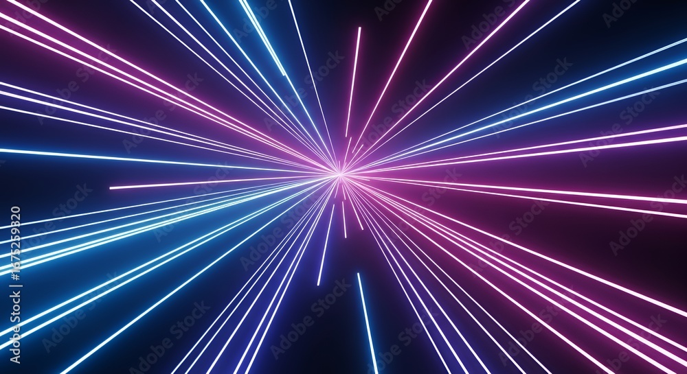 Fototapeta premium Futuristic abstract background with glowing neon light streaks in blue, purple, and pink. Dynamic forward motion effect, vibrant contrast, smooth gradient, and immersive depth.
