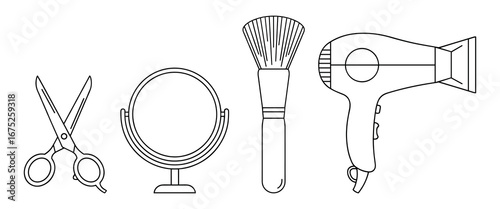 Collection of monochrome, simple line drawing vector illustration of beauty salon equipment.