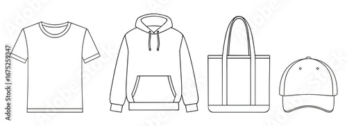 Vector Template Set: Tee Shirt, Hoodie, Tote Bag, and Baseball Cap in Outline Style.