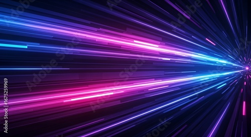 Futuristic abstract background with glowing neon light streaks in blue, purple, and pink. Dynamic forward motion effect, vibrant contrast, smooth gradient, and immersive depth.